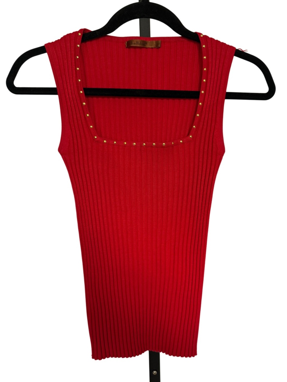 Belldini Red Ribbed Square Neck Tank Gold Studs Size S Old Money Chic Layer
